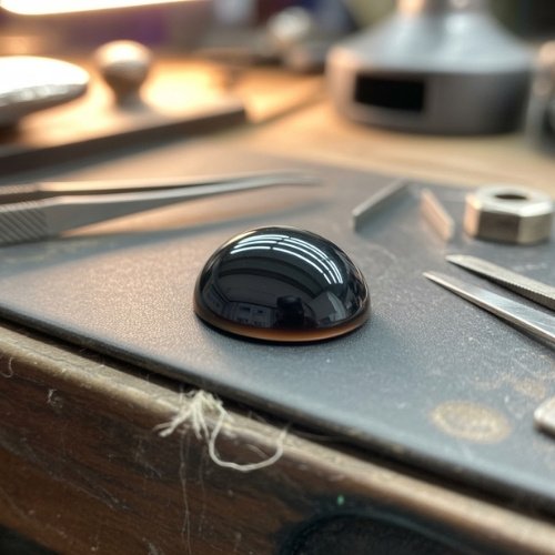 A shiny, black onxy gemstone sits on a textured table surrounded by watchmaking tools, evoking a sense of precision and craftsmanship.