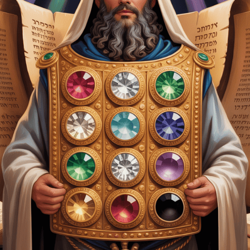 A bearded man in robes holds a golden breastplate adorned with 12 colorful gemstones. Open scrolls with Hebrew text are in the background.