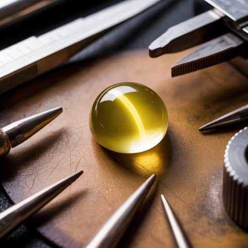 A polished, yellow-green gemstone showing a cat's eye effect is surrounded by precision tools on a wooden surface, evoking a sense of craftsmanship and meticulous artistry.