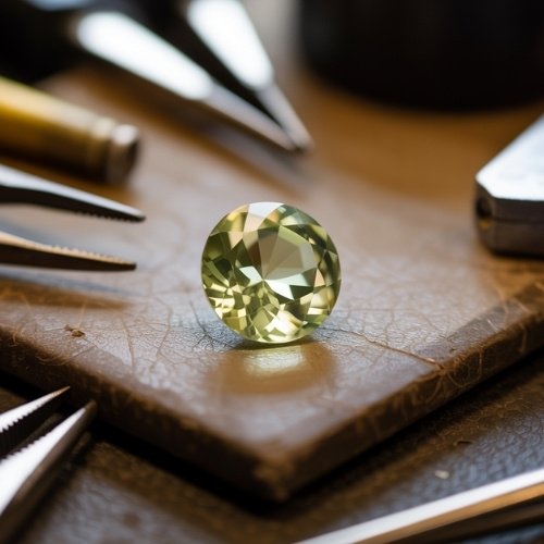 A sparkling round-cut Chrysoberyl gemstone sits on a textured leather surface, surrounded by precision tools, evoking a sense of artisanal craftsmanship and elegance.