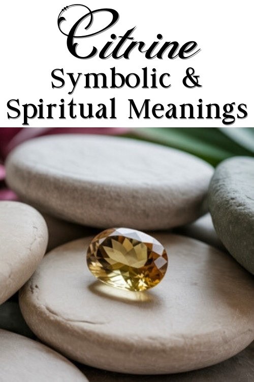 A polished citrine gemstone rests on smooth beige stones, with green leaves in the background. Text above reads "Citrine Symbolic & Spiritual Meanings." Warm, serene mood.