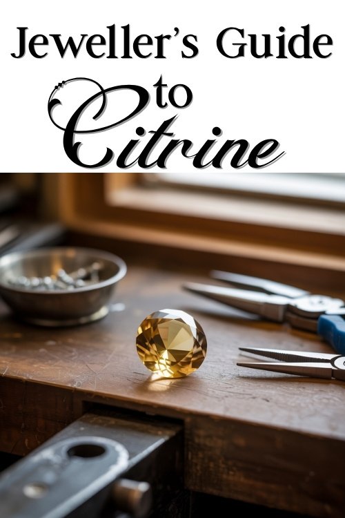 A large citrine gemstone glistens on a jeweler's workbench alongside tools under soft lighting. Text above reads 'Jeweller’s Guide to Citrine.'