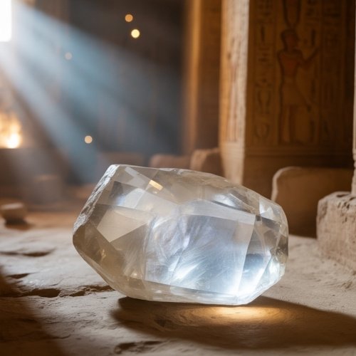 A large, clear quartz crystal rests on a dusty floor in an ancient, sunlit Egyptian temple, with beams of light highlighting intricate hieroglyphics on pillars.