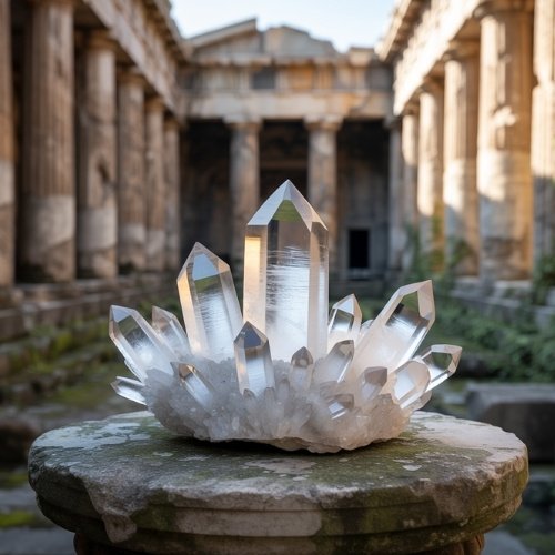 Clear quartz crystal cluster on a stone pedestal, surrounded by ancient stone columns in an archaeological site.