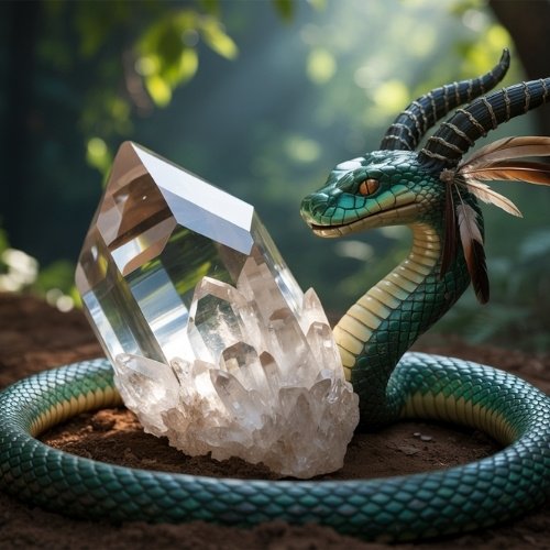 A coiled green horned serpent encircles a large, clear quartz crystal on forest ground, with sunlight streaming through leaves, conveying a mystical tone.