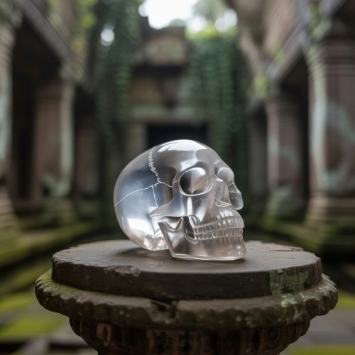 A clear quartz crystal skull rests on a moss-covered pedestal in a dimly lit, ancient temple. Ivy hangs from the columns, adding a mysterious, eerie tone.