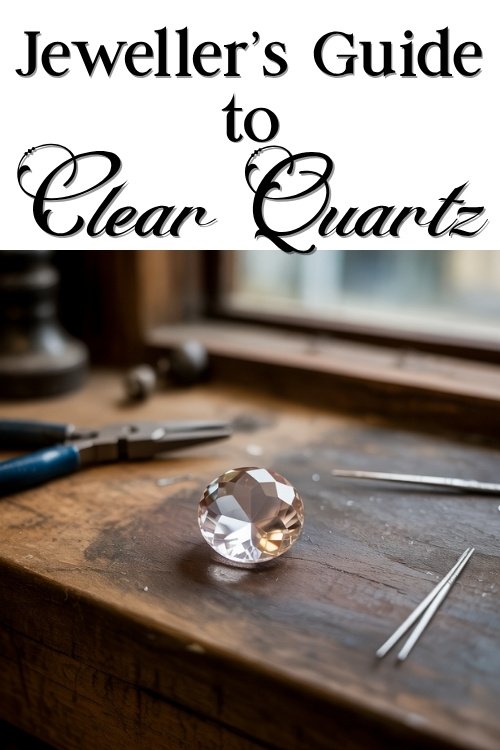 A round clear quartz gem sits on a rustic wooden workbench, surrounded by precision tools. Above, the text reads 'Jeweller’s Guide to Clear Quartz' in elegant font, suggesting an informative and artisanal tone.