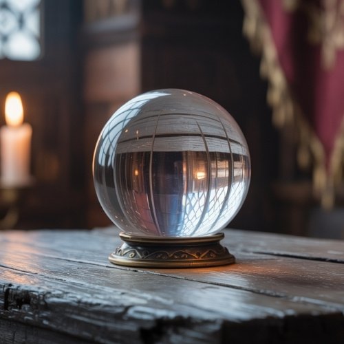 A clear crystal ball on a decorative stand rests on a wooden table in a dim room with a lit candle. The scene is mysterious and evocative.
