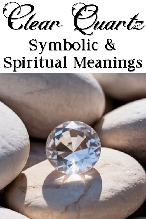 Clear quartz sphere on smooth stones in soft sunlight, conveying tranquility and balance. Text above reads "Clear Quartz Symbolic & Spiritual Meanings."