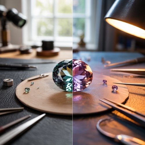 A split-image showing a gemstone under different lighting conditions on a jeweler's table. The left side is cool, the right warm, showing the colour change some gemstones have in different lights.