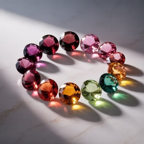 Circular arrangement of multicolored garnet gemstones on a marble surface. Light reflects off the gems, creating a vivid, stunning display of color and elegance.