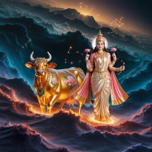 A serene goddess in ornate attire stands beside a golden decorated cow, set against a cosmic waves backdrop.