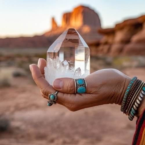 A hand with turquoise jewelry holds a clear crystal against a desert backdrop at sunset. The scene conveys serenity, a connection to nature and the practice of crystal healing.