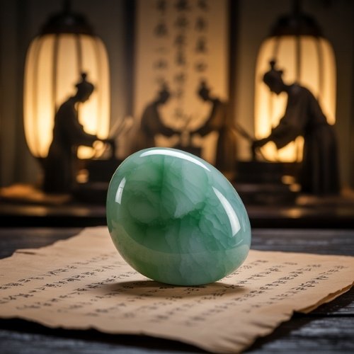 A polished green jade stone sits on a scroll with intricate calligraphy. Dimly lit, lanterns and blurred figures in the background create a serene, historical ambiance.