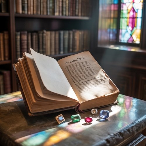 An open antique book titled lies on a wooden table surrounded by colorful gemstones. Sunlight filters through stained glass, casting vibrant hues.