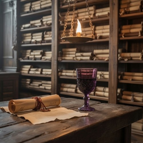 A dimly lit, ancient greek or roman library with scrolls on shelves. A glowing candle chandelier illuminates a table with a purple amethyst goblet and rolled scrolls.