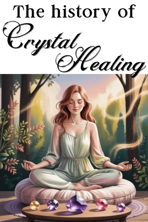 A woman meditates on a cushion surrounded by crystals, against a forest backdrop at sunrise. The text reads, "The history of Crystal Healing."