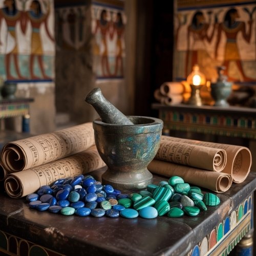 Ancient Egyptian-themed room with scrolls, colorful stones, and a mortar and pestle on a decorated table. Soft lighting creates a historic ambiance.