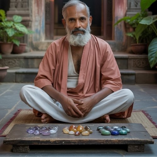 A bearded Indian man in a brown robe sits cross-legged on a mat, displaying colorful gemstones. Potted plants and ornate architecture are in the background. Calm, serene mood.