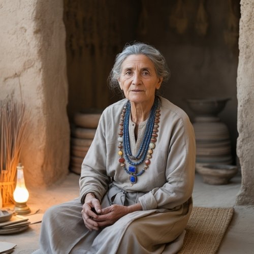 An elderly Mesopotamia woman with gray hair sits on a mat in a rustic room, wearing layered necklaces of gemstone talisman and a beige dress. A lit oil lamp and pottery are nearby.