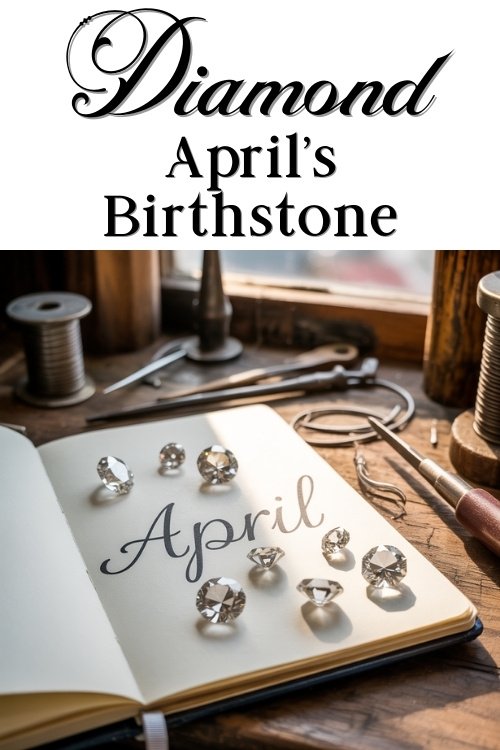 Open notebook with "April" in elegant script, surrounded by sparkling diamonds. Text above reads "Diamond April's Birthstone." Warm, rustic desk setting.
