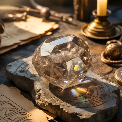 A large, multifaceted diamond rests on an engraved stone slab, surrounded by antique maps, coins, and a lit candle, evoking a mystical and ancient atmosphere.