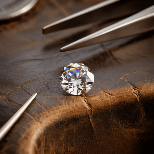 A sparkling round diamond sits on a textured brown leather surface, surrounded by two metal tweezers, conveying precision and elegance.