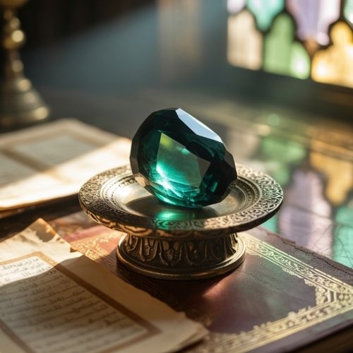 A large diopside gemstone rests on a decorative metal pedestal, surrounded by open ancient books. Sunlight filters through stained-glass windows, adding a mystical aura.