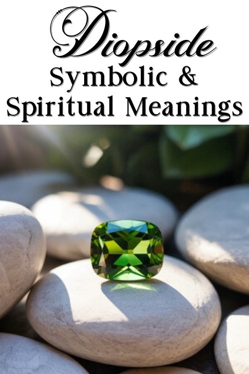 A polished green diopside gemstone sits on smooth white stones, illuminated by sunlight. Above, text reads "Diopside Symbolic & Spiritual Meanings."