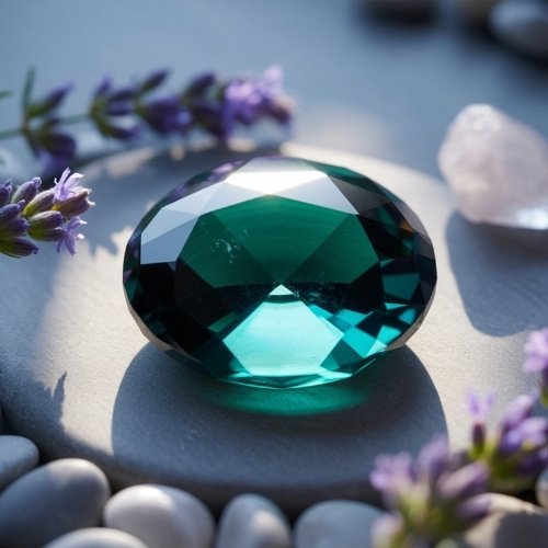 A vibrant diopside gemstone rests on smooth, round stones surrounded by lavender sprigs and a small rose quartz, creating a serene and elegant scene.