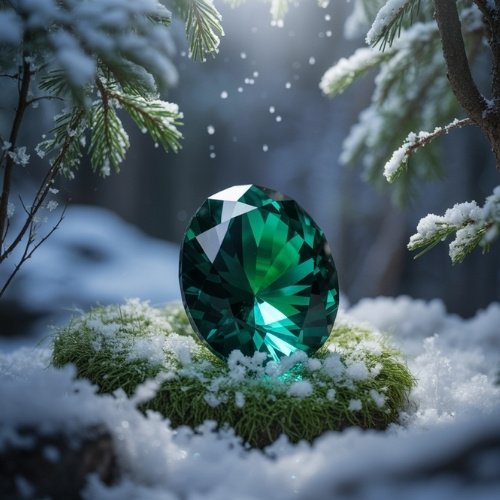 A faceted diopside gem rests on moss amid snow-covered branches, under soft light, creating a serene and magical winter scene.