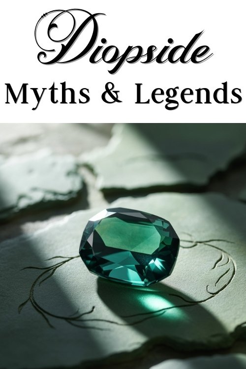 A deep green diopside gem on engraved stone, bathed in soft light. Above, elegant text reads "Diopside Myths & Legends." Mystical and enticing.