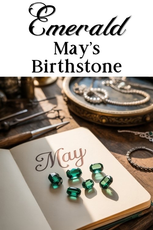 An open journal on a wooden table with "May" written on the page in elegant script, surrounded by emerald gemstones. Nearby are vintage jewelry pieces, creating a nostalgic, elegant atmosphere. The text above reads "Emerald, May’s Birthstone."