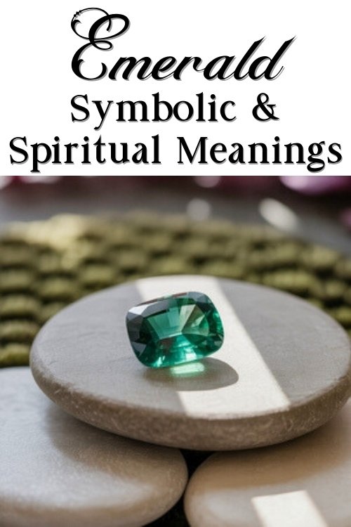 Green emerald gemstone on stacked stones, illuminated by sunlight. Text above reads "Emerald Symbolic & Spiritual Meanings." Calm and mystical.