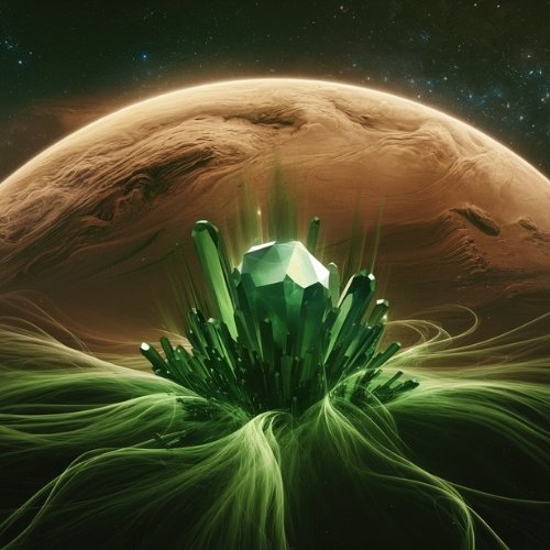 A cluster of radiant green emerald crystals emerges from swirling green mist, set against a backdrop of a textured, reddish planet in space, evoking mystery and wonder.
