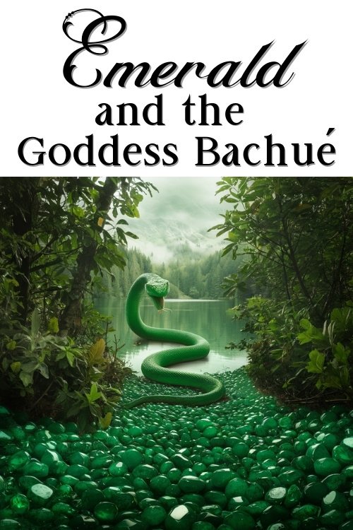 A vibrant green snake emerges from a bed of emeralds in a lush forest, overlooking a serene lake. The text above reads "Emerald and the Goddess Bachué."