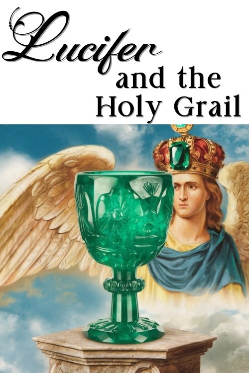 An ornate emerald green goblet sits on a pedestal against a cloudy sky. An angel with golden wings and a crown is visible in the background. The text reads, "Lucifer and the Holy Grail."