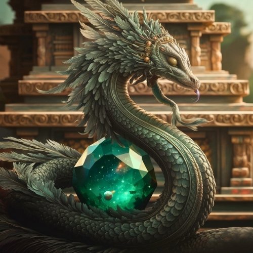 A mythical feathered serpent coils around a glowing green emerald gem, set against ancient stone ruins. The scene conveys mystery and majesty.