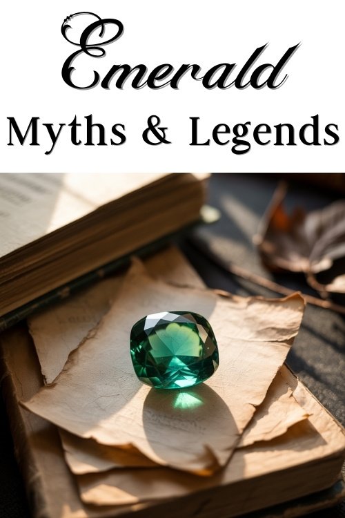 Emerald Myths & Legends text above an image of an emerald resting on aged, open pages, creating a mystical and historical ambiance.