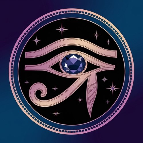 A stylized Eye of Horus in gold encircles a deep blue gem, set against a starry night sky. The design exudes mysticism and ancient Egyptian symbolism.