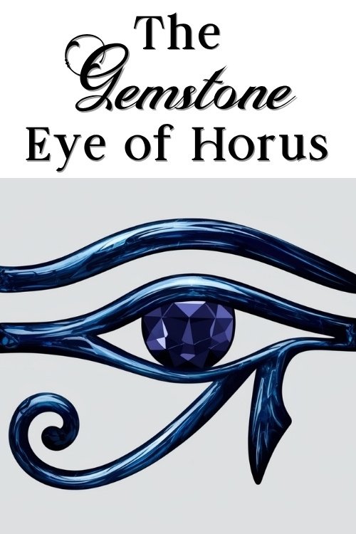 A stylized Eye of Horus with a dark blue gemstone iris, set against a light gray background. Above, elegant black text reads 'The Gemstone Eye of Horus,' conveying a sense of mystery and allure.