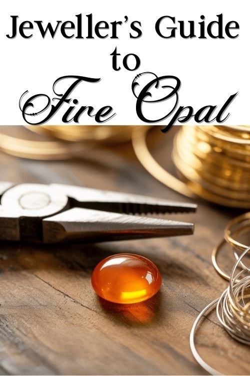 A vibrant orange fire opal on a wooden surface, near jewelry pliers and gold wire. Text above reads "Jeweller's Guide to Fire Opal" in elegant script.