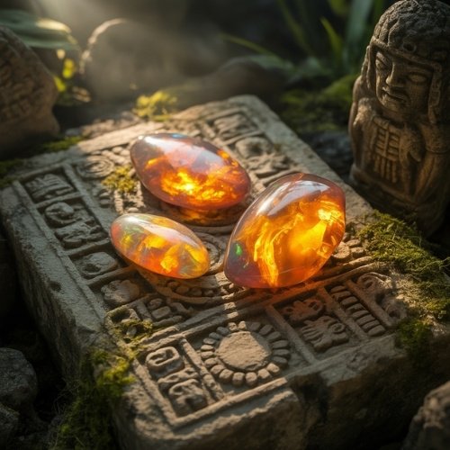 Three glowing fire opals sit atop an ancient carved stone slab surrounded by moss and small statues, bathed in warm sunlight. Mystical and serene.