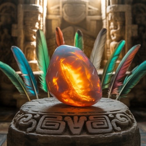 A glowing fire opal gem rests on a carved stone pedestal surrounded by colorful feathers in a dimly lit, ancient, and ornate temple setting.