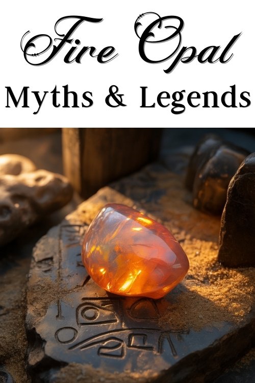 A fiery opal gemstone sits on a sand-covered stone with ancient carvings, illuminated by warm light. Header text reads: "Fire Opal Myths & Legends."