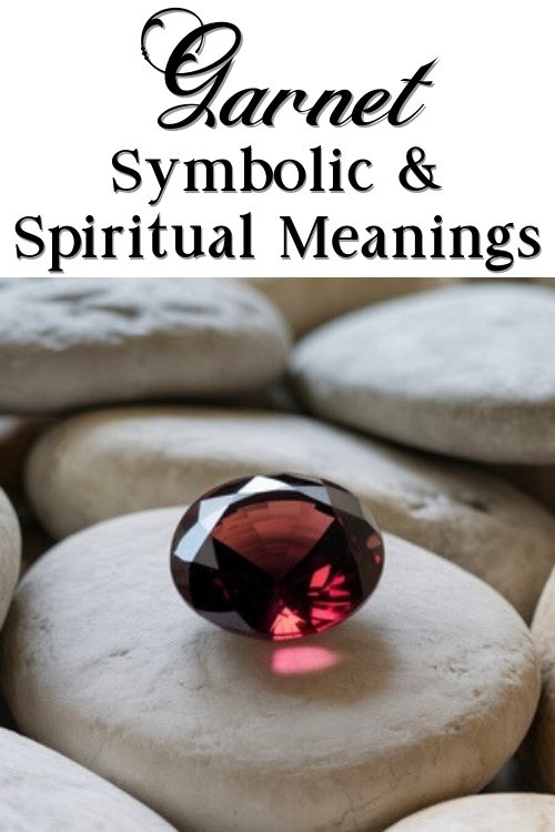 A faceted garnet gemstone glistens on smooth, pale stones. The text above reads "Garnet Symbolic & Spiritual Meanings" in elegant script.