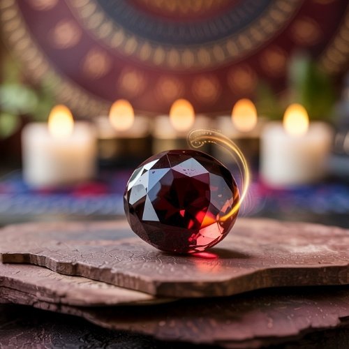 Faceted red garnet crystal sphere on stacked stone slabs, surrounded by five glowing candles. Background features a patterned tapestry, creating a mystical ambiance.