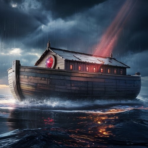 A wooden ship with a larger red garnet set into it's wall sails on turbulent waters under dark storm clouds. A red beam of light illuminates the vessel, creating a dramatic and mysterious atmosphere.