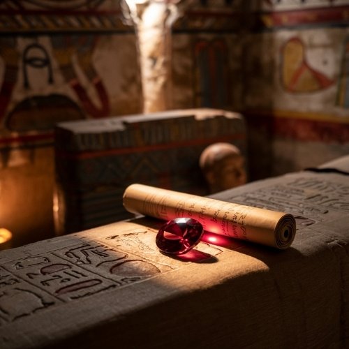 Ancient tomb with dim lighting, featuring hieroglyph-covered sarcophagus, a scroll, and a glowing red garnet gemstone conveying mystery and antiquity.