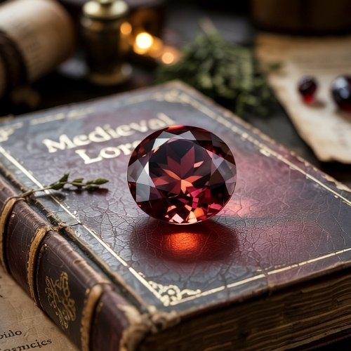 A large, multifaceted red garnet gemstone sits on a closed antique book titled "Medieval Lore." The scene feels magical and mysterious, with dim lighting.